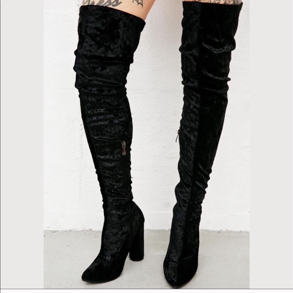 Velvet over the knee heeled boots
